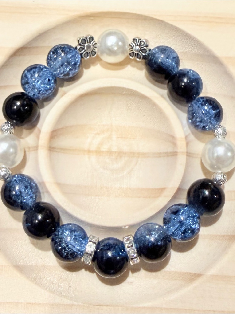 Navy Blue & Pearl Beaded Stretch Bracelet with Silver-Tone Accents